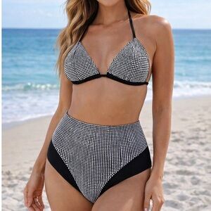 FASHION NOVA Black Studded High Waisted Bikini M NWT